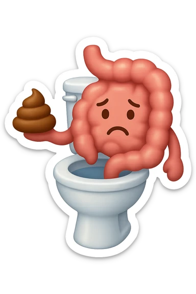 emoji stile iphone di un intestino che esce dal wc con in mano una montagnetta di feci con espressione triste a palline sticker