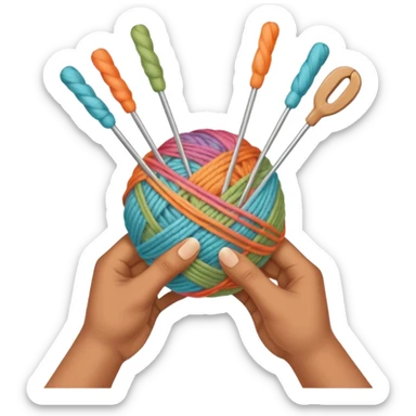 hands holding 2 knitting needles (1 on the right hand and another one on the left hand) with a ball of knitting thread (without a person's face) sticker