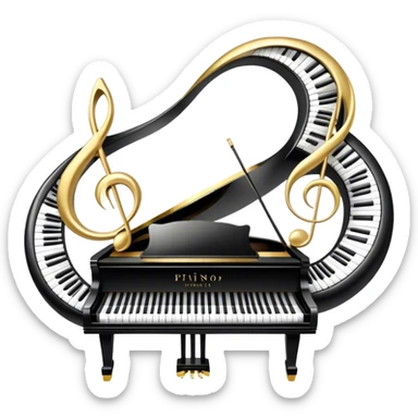 Create an elegant and festive emoji collage representing keyboard instruments, styled like a heraldic emblem. The design should feature a central focal point of black and white piano keys, arranged in a semi-circular or shield-like shape. Around the piano keys, add intertwining musical notes that form flowing ribbons, creating a dynamic and celebratory atmosphere. The design should be professional, with polished silver and gold accents on the keys and notes, highlighting the luxury and sophistication of the instruments. Add subtle shading and lighting effects to give the design a refined, 3D appearance. The background should remain transparent, and the overall feel should evoke grandeur, artistry, and a sense of celebration. sticker