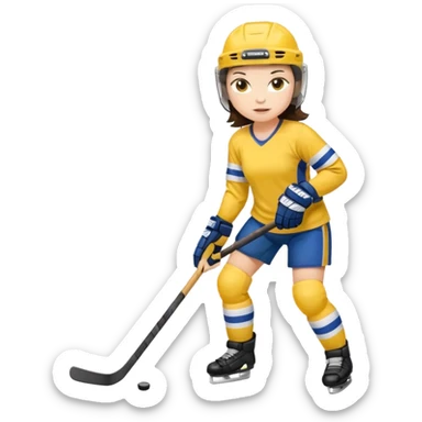Girl hockey player with yellow jersey full body brunette with helmet sticker