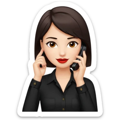 generate a pretty fair bratz girl with dark brown eyes. Dark brown hair straight short hair. tight black button up shirt with top shirt open.  Talking on the phone. Red lipstick, eyeliner on sticker