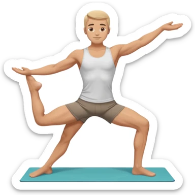 man performing Astavakrasana (Eight-Angle Pose) yoga position. The character has a friendly face, wearing simple athletic shorts. sticker