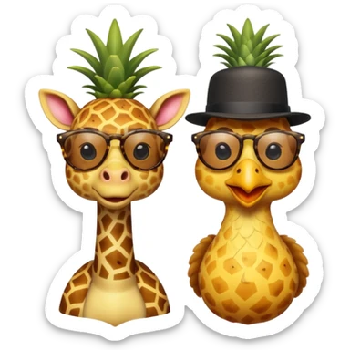 Hybrid of giraffe and chicken wearing pineapple sunglasses with a top hat sticker