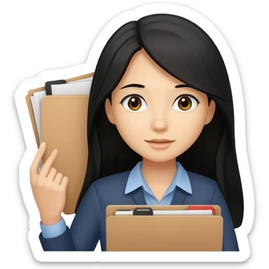 a light tan woman with long black hair past mid-back, round brown eyes and manila folder in her hands sticker