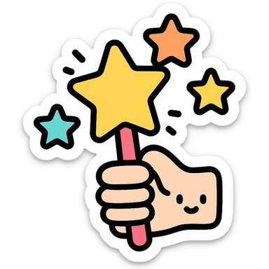cute magic wand in hand with stars, kawaii influence, colorful icon style sticker