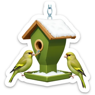 3 Green finch feeding on a bird feeder in the snow sticker