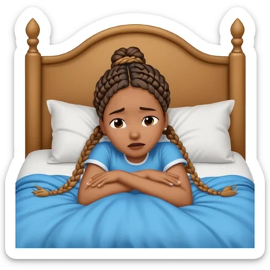 Black woman with braids in a big king size bed on one side by herself crying sticker