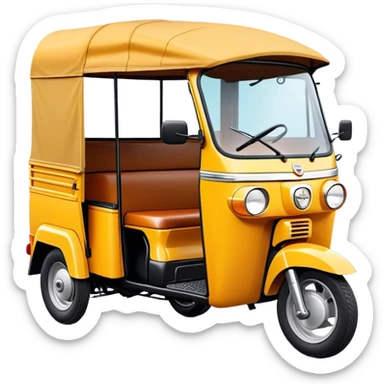 Cinematic Realistic Tuk Tuk Emoji, depicted as a vibrant iconic three-wheeled vehicle with bold colors and a compact design, rendered with crisp textures and dynamic urban lighting that captures its quintessential Thai charm. sticker