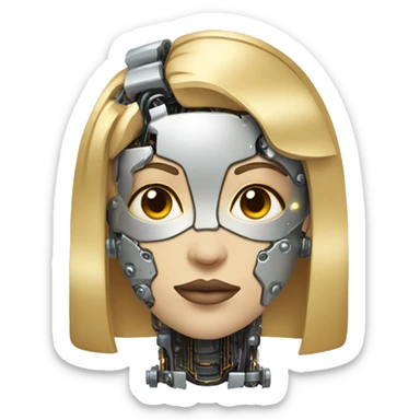 female cyborg head with metallic plated face, blonde bobbed hair and circuitry sticker