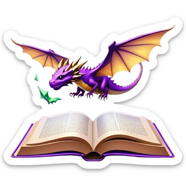 Icon for Fantasy and Sci-Fi Reading: an open book with magical creatures like dragons and fairies flying out, with a futuristic spaceship in the sky and a wizard casting spells. The icon should represent the magic and adventure of fantasy and science fiction worlds. Transparent background. sticker