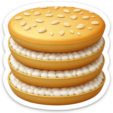 round airy rice cake with lightly puffed bubbled texture, pale off-white color, slightly uneven surface with hints of toasted golden grains, small stack or single crisp, light crunchy appearance, soft lighting, subtle shadows, emoji scale sticker
