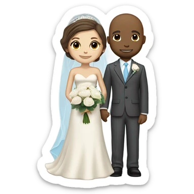 Light skin color grown wedding couple. Bride have short brown hair, she is wearing a long veil and is holding a white rose bouquet. The grown groom have also brown hair and is wearing a cream suit with a sky blue tie and breast pocket with a boutonniere sticker