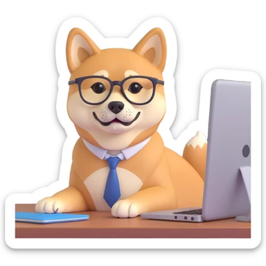 shiba inu with eye glasses and computer sticker