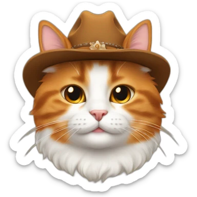 pure orange small chubby smiling hairy japanese bobtail cat while wearing a brown cowboy hat with the ears poking out of the hat sticker