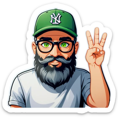A bold man with a grey baseball cap, green eyes, big beard and glasses, waving  sticker