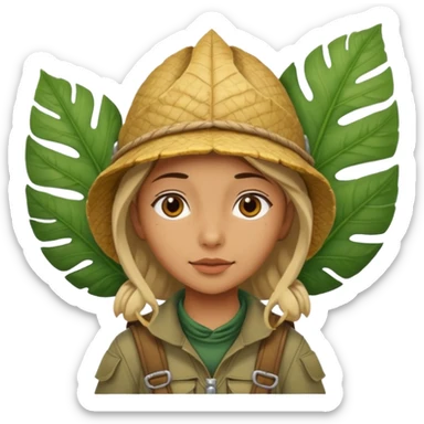 a young female explorer with jungle wearing a large leaf headgear bye  sticker