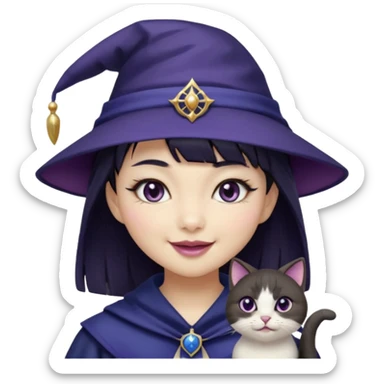 An Asian short-haired girl with short raven hair and bangs, with heterochromia eyes(her left eye is silver coloured and her right eye is dark brown coloured), cat-eyed eyeliner, and laughs with a tiny fang of mauve-toned lipstick, wears a dark navy wizard hat with an emblem on it. sticker