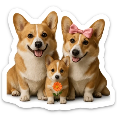 Make the corgi family look realistic in the photorealistic style similar to the provided photorealistic corgi reference, with a transparent background. sticker