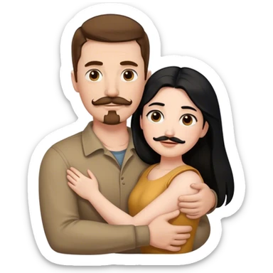 Couple, Tall strong white man with brown hair mustache and goatee, hugging small pale woman long with black hair sticker