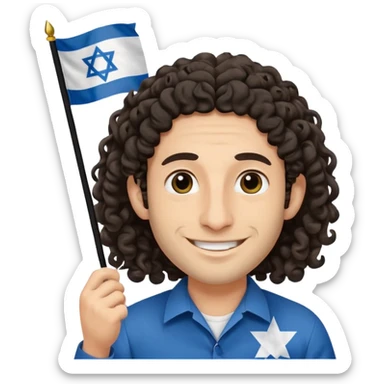 jewish jew man's face, wearing a tiny black kippah and 2 curly long hair strands near the ears, big nose, only face, no body, no mustache, holding israel flag sticker