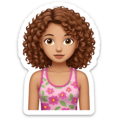 A pretty girl with tan skin and brown wavy curly hair, wearing a floral pink tank top with brown eyes sticker