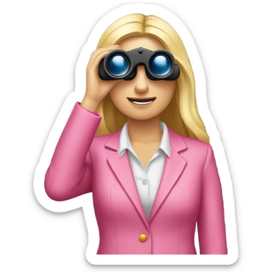 secretary style white female employee with long blonde loose hair wearing intensive color pink suit using binoculars. must look straight in front of a camera sticker