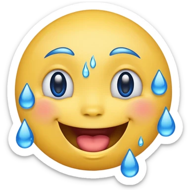 Emoji, yellow round laughing face, blue tears of joy on it. 2 big blue tears on each of the 2 cheeks sticker