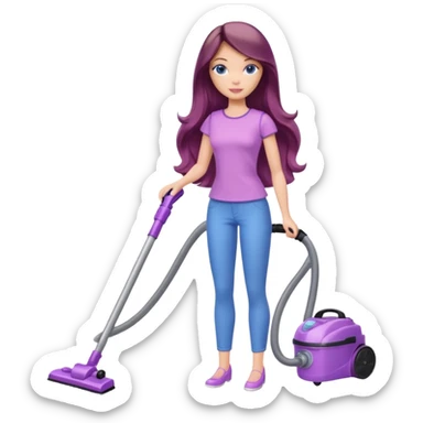 beautiful barbie girl with long brown hair, blue eyes and wearing light purple clothes, cleaning and vacuuming sticker