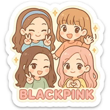 Blackpink members as chibi characters, cute, playful, pastel colors sticker