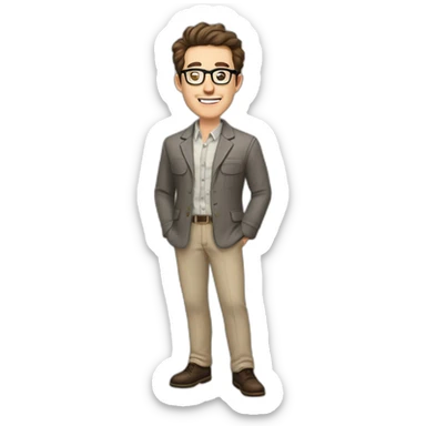 Joyful Full height Pale skinned Fit Man With dark brown hair in gray classic jacket, beige office shirt, Brown pants and vintage glasses. His thrumbs up sticker