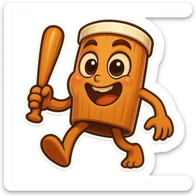 chibi emoji of Tun Tun Suhoor, wooden stick body with smooth brown texture, drum-like cylindrical body, holding baseball bat, cartoon style, bright vivid colors, expressive face, dynamic pose, a bit creepy yet funny,  sticker