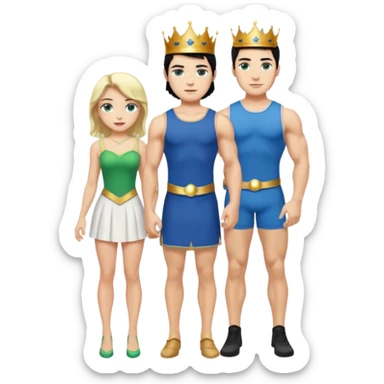 Prince with crown, black hair, body, legst, blue eyes, woman blonde hair, green eyes, sexy white short sleveless dress,  sticker