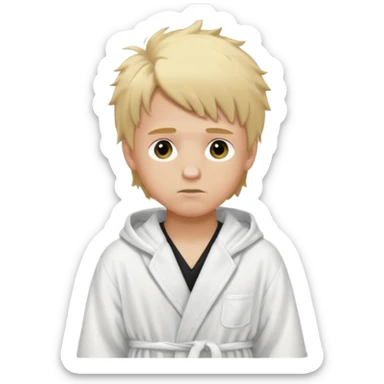 Create a blond boy with long, messy hair, light eyes, a white t-shirt, rich, with long hair, blue eyes, medium-length, voluminous hair, wearing a black Nike bathrobe and a little blush near his nose. sticker