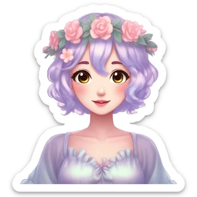 Shiny Gorgeous Pastel Anime Lady with blushing face and pretty hair with a flower crown pastelcore kawaii cottagecore fairycore aesthetic trending style sticker