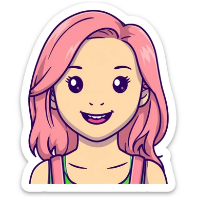 Young girl with pale skin, full pink lips smiling, blonde reddish long hair, big brown eyes with a hint of green, big mouth sticker