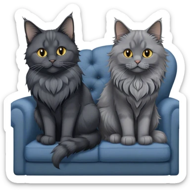 A black smoke Maine Coon cat with long gray ear tufts and a large gray ruff, and a thick blue British Shorthair cat, sitting together on a couch. A cozy room with flowers in the background. Transparent background. sticker