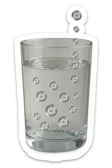 un bicchiere di acqua realistico e dettagliato fluttua in aria, dentro l'acqua del bicchiere ci sono particelle di cloro ben visibili con la scritta "Cl" sopra, ci sono particelle anche che escono dal bicchiere e fluttuano in aria verticalmente, mentre alcune sono all'interno dell'acqua nel bicchiere, iperrealistico 4k sticker