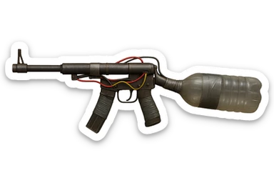 Remove the background, keep only the realistic improvised rifle made from pipes and plastic bottles, featuring duct tape, exposed wiring, and a bottle used as a stock, in a gritty survivalist style, with a transparent background. sticker
