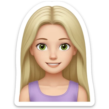 emoji of a confident woman named Freya McOmish, smiling, hazel green eyes, straight long hair with a middle part, subtle freckles, modern casual style, broad shoulders, wearing a pale lavender sleeveless deep square neck top sticker