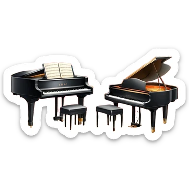 Icon for Musical Theater: a vintage stage with Broadway-style curtains, a piano, musical notes, a spotlight, and a jazz band setup. The icon should reflect the vibrant and glamorous atmosphere of 1950s American musical theater, with emphasis on performance and showmanship. Transparent background. sticker