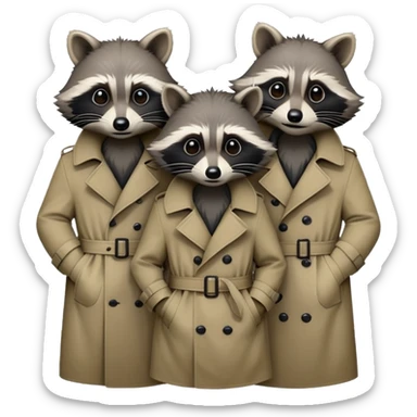 Three mischievious raccoons heads standing on top of each other pretending to be one person within single trench coat sticker