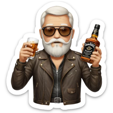 Un motero de barba blanca, gafas oscuras chupa de cuero y bebiendo de una botella de Jack Daniel's. sticker