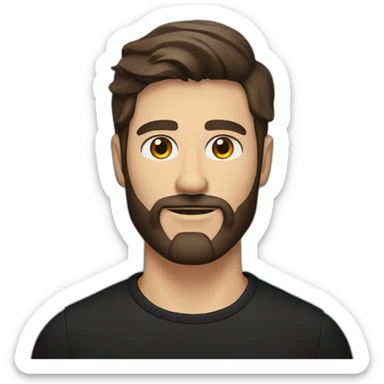 White man with a slight sun kissed tan, blue eyes and dark brown hair. He has a beard and mustache trimmed. Wears black clothing and wears his hair styled sideways backwards. sticker