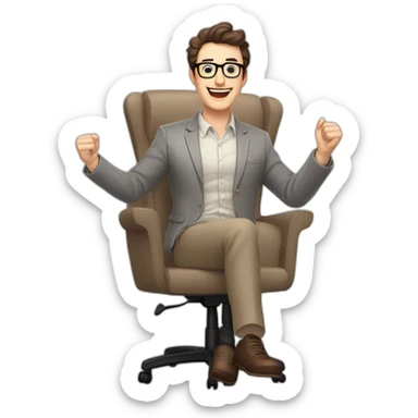 Joyful Celebrating victory Hands up Pale skinned Fit Man With dark brown hair in gray jacket, beige office shirt, Brown pants and vintage glasses sitting In a soft chair sticker