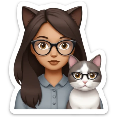 a girl with cat eye glasses and long dark brown hair with grey cat and white cat sticker