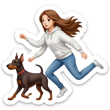 A beautiful girl with long hair wearing a white sweatshirt and jeans is chasing Doberman sticker