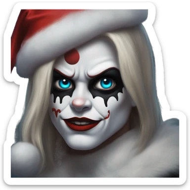 Santa Claus Terminator in Harley Quinn style, oil paint, mysterious eyes, intricate lips, masterpiece portrait, odd perspective, beautiful, desirable, logical sticker