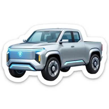A futuristic electric pickup truck emoji, silver chrome body, angular cyber design, smooth metallic panels, subtle reflections, minimalistic proportions, iOS emoji style, centered composition, clean white background, soft lighting sticker