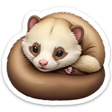 Meme-Worthy Cute Sleeping sable ferret Portrait Emoji, Head resting peacefully with a contented smile, showcasing a long, flexible body curled up in cozy repose, luxuriously soft fur in warm brown and cream, and eyes gently closed in serene slumber, Simplified yet hilariously adorable features, highly detailed, glowing with a soft, drowsy natural light, high shine, relaxed and utterly lovable, stylized with an air of playful laziness, bright and heartwarming, soft glowing outline, capturing the essence of a sleeping sable ferret that feels destined to become the next viral sensation of adorable rest! sticker