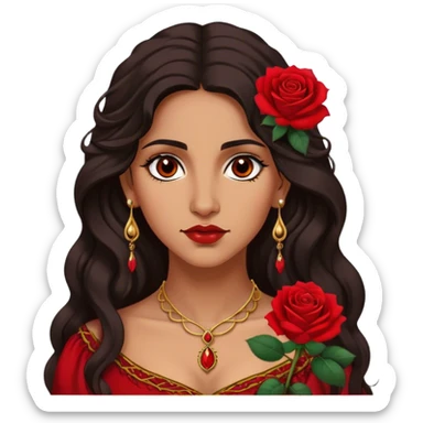 A Romani woman with long, wavy dark hair, wearing a single red rose behind one ear. She has deep eyes, golden jewelry, and a confident, mysterious expression sticker